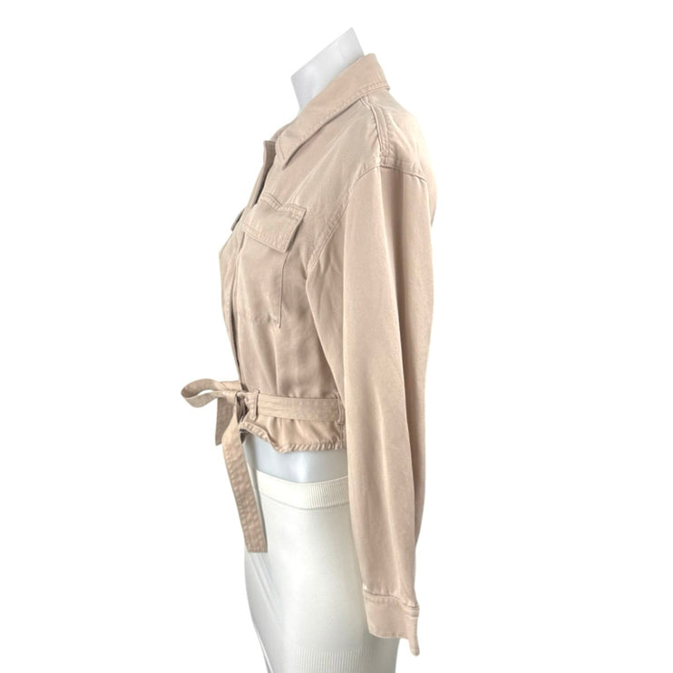 Bar III Women's Beige Long Sleeve Tie Belt Pocket Peplum Crop Shirt Top Size S