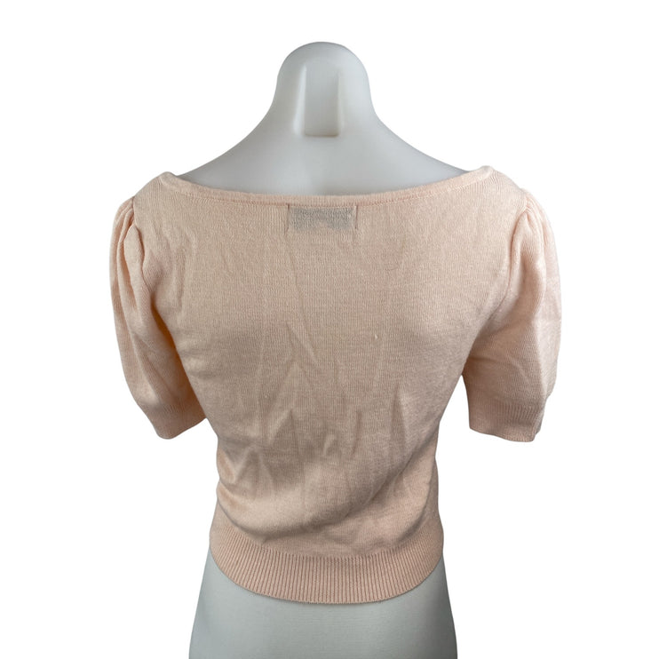L'Academie Women's Pink Wool Square Neck Short Puff Sleeve Crop Blouse Top Sz XS