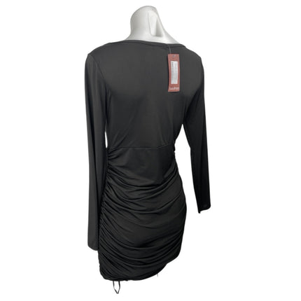 NEW Boohoo Black Long Sleeve Square Neck Ruched Mini Bodycon Dress Size 10