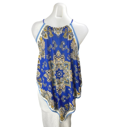 Zara Blue Floral Paisley Sleeveless Scarf Asymmetric High Neck Tank Blouse Top S