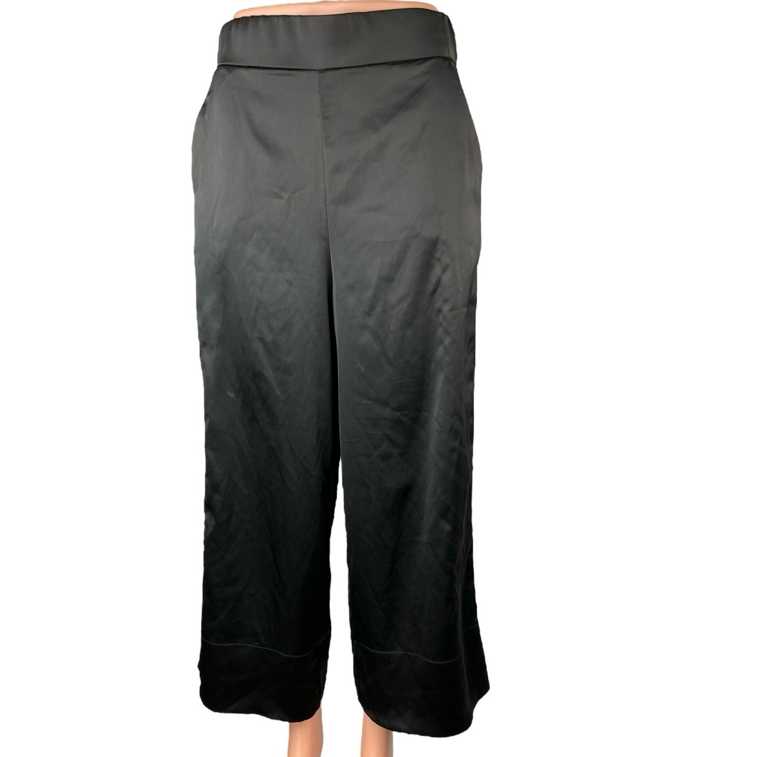 Zara Women's Black Silk Satin Wide Leg High Waist Pull On Crop