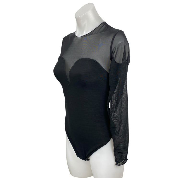 Popilush Shapewear Illusion Mesh Sheer Sweetheart Long Sleeve Bodysuit Top Sz S