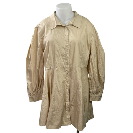 NEW Boohoo Cream Long Baloon Sleeve Pleated Mini Button Down Shirt Dress Size 20