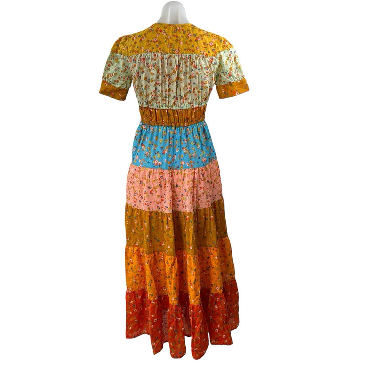 Anthropologie Tiered & True Multicolor Floral Colorblock V Neck Maxi Dress XXS