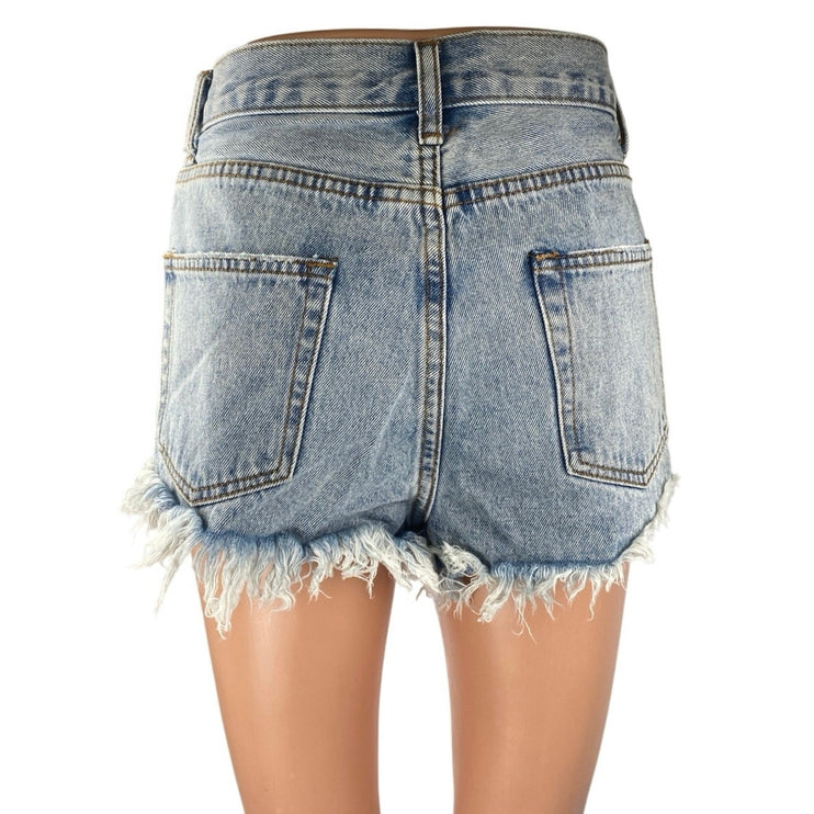 Superdown Womens Blue Distressed Frayed Raw Hem High Waist Denim Jeans Shorts 26