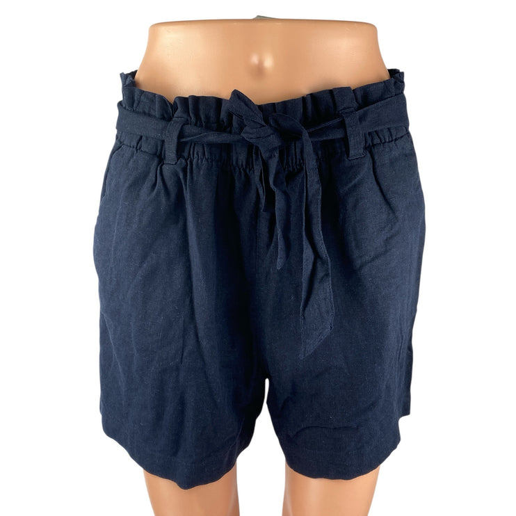 JDY Navy Blue Linen Tie Belt Elastic Waist High Rise Casual Paperbag Shorts 42