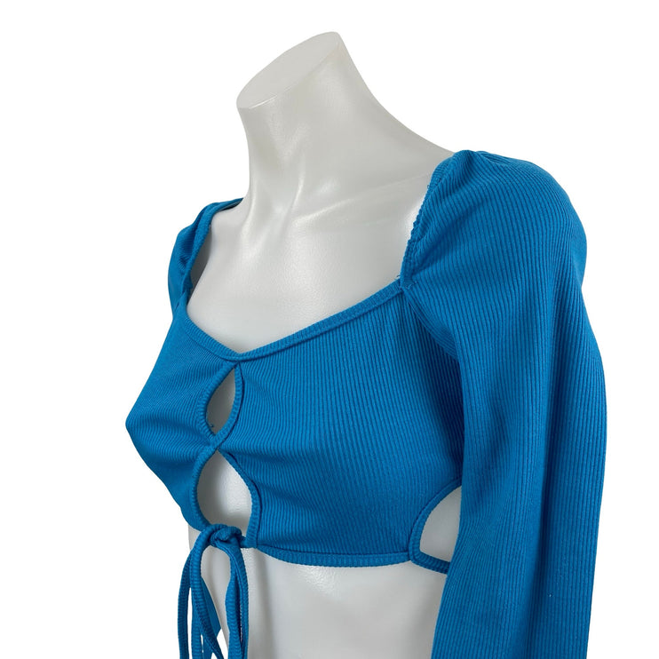 Princess Polly Blue Long Sleeve Cutout Keyhole Tie Ribbed Knit Crop Top Size 4
