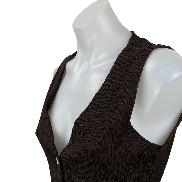 Zara Women Brown Sleeveless Crinkle Knit V Neck Button Up Vest Blouse Top Size S