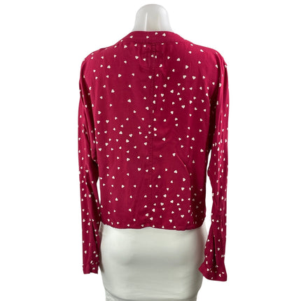 Rails Women's Red Hearts Long Sleeve Button Down V Neck Tie Blouse Top Size S