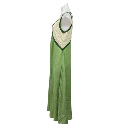 Rotimia Green Cream Sleeveless V Neck Colorblock Pleated A Line Maxi Dress S
