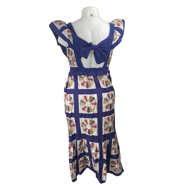 Sea Pippin Blue Floral Patchwork Ruffle Smocked Apron A Line Maxi Dress Size 6