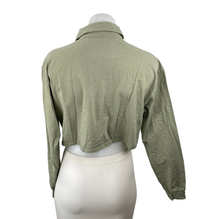 Aritzia Sunday Best Women's Green Long Sleeve Polo Cropped Shirt Top Size S