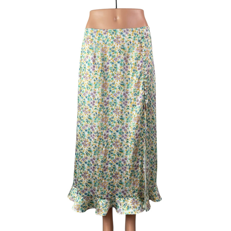 ZARA Multicolor Floral Satin Button Ruffle Hem Slit Midi A-Line Slip Skirt Sz M