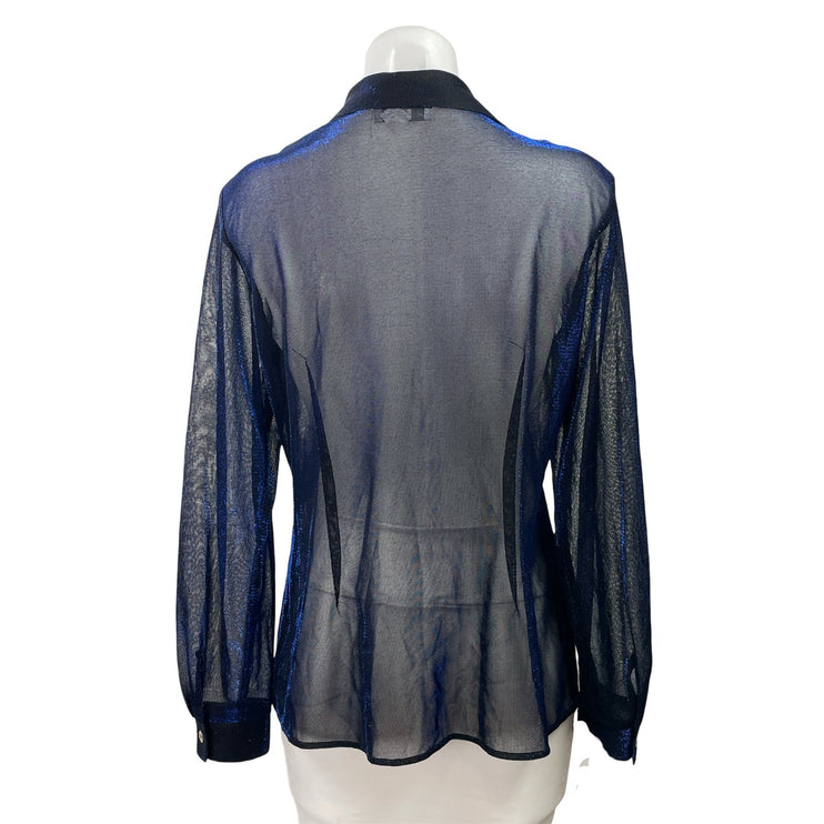 Camille Claudel Blue Sheer Mesh Metallic Sparkly Long Sleeve Button Up Shirt L