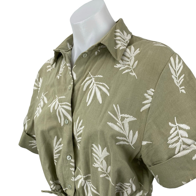 Zara Green Embroidered Leaf Linen Short Sleeve Belt A Line Mini Shirt Dress M