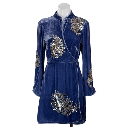 Rixo Gena Blue Velvet Velour Sequin Mandarin Collar Tie Wrap Mini Dress Size SP