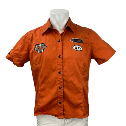 Harley Davidson Orange Embroidered Short Sleeve Button Down Work Shirt Top Sz XL