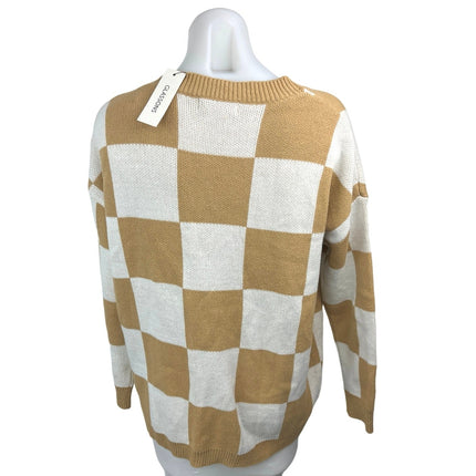 NEW Glassons Tan White Knit Neutral Check V Neck Cardigan Sweater Top Size XS