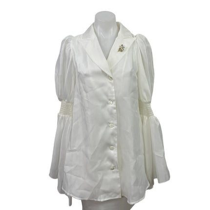 NEW Checocre White Long Puff Bell Sleeve Brooch Lapel Button Up Blouse Top 0