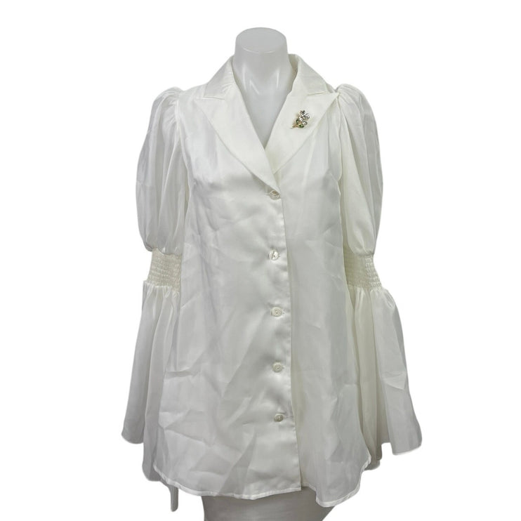 NEW Checocre White Long Puff Bell Sleeve Brooch Lapel Button Up Blouse Top 0