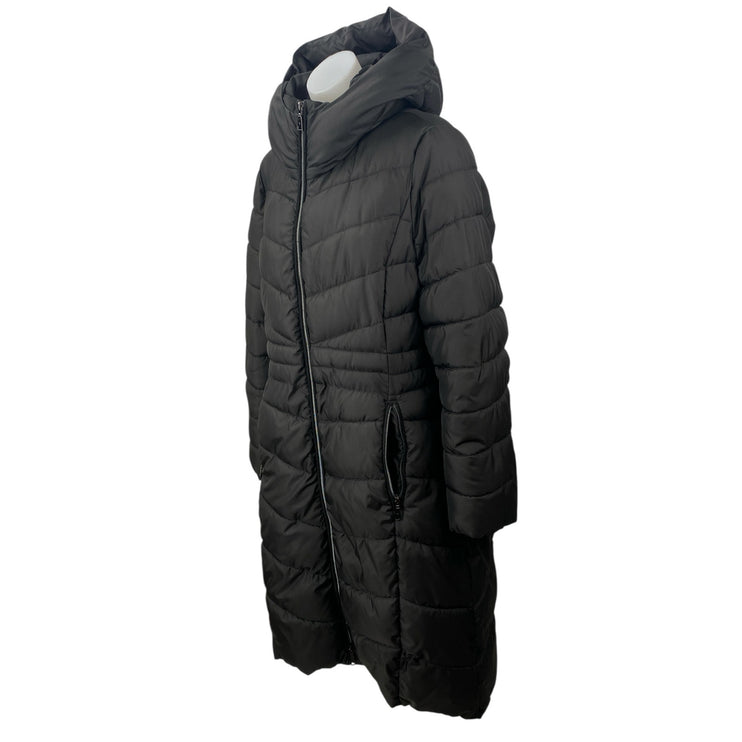 Tahari Womens Black Quilted Long Sleeve Hooded Fitted Puffer Parka Coat Jacket L
