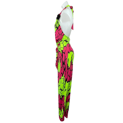 Touch Me Green Pink Retro Abstract Halter Plunge Sleeveless Wide Leg Jumpsuit L