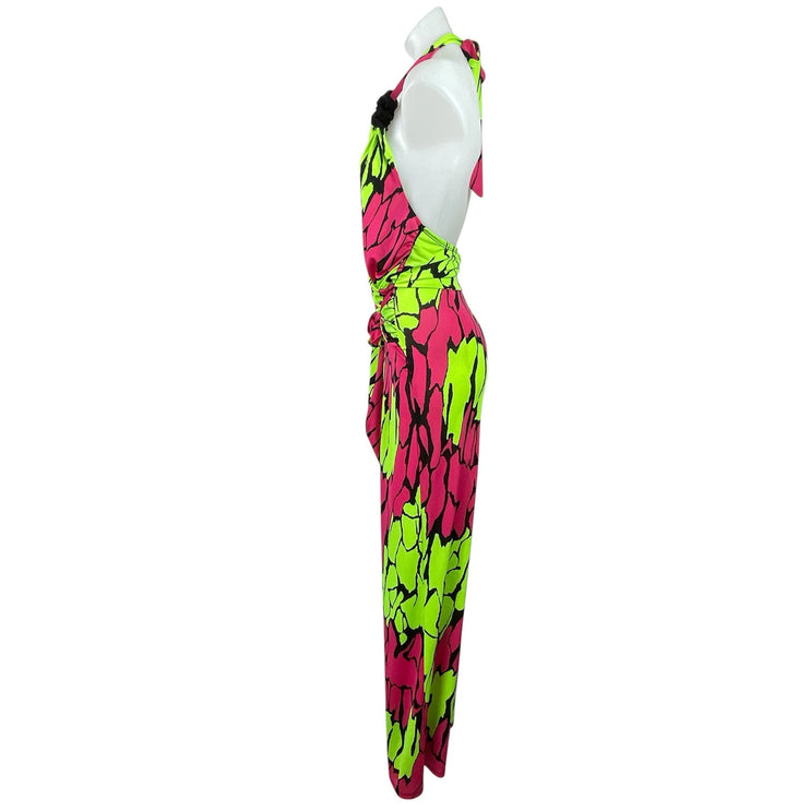 Touch Me Green Pink Retro Abstract Halter Plunge Sleeveless Wide Leg Jumpsuit L
