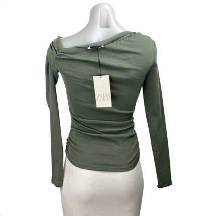 NEW Zara Women's Olive Green Ruched One Shoulder Long Sleeve Blouse Top Size S