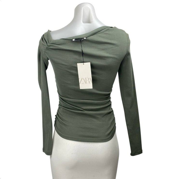 NEW Zara Women's Olive Green Ruched One Shoulder Long Sleeve Blouse Top Size S