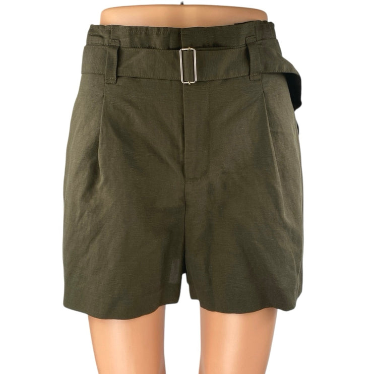 Club Monaco Women's Green Linen Belted High Rise Paperbag Mini Shorts Size 6