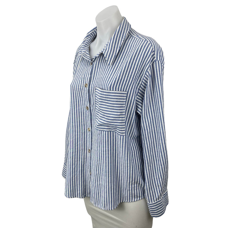 By Together Women's Blue Striped Pocket Long Sleeve Button Down Shirt Top Size S