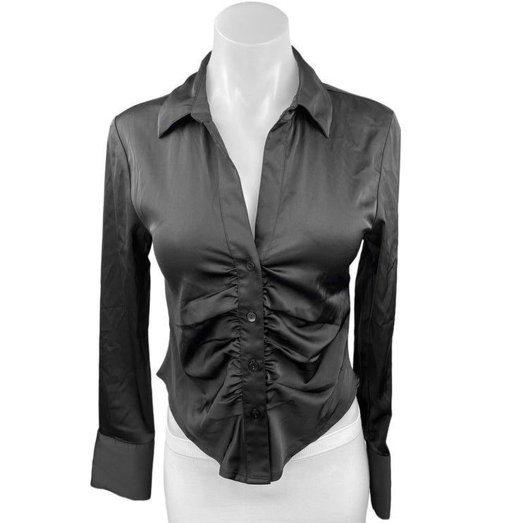 Abercrombie & Fitch Black Silky Satin Ruched Button Long Sleeve Blouse Top Sz XS