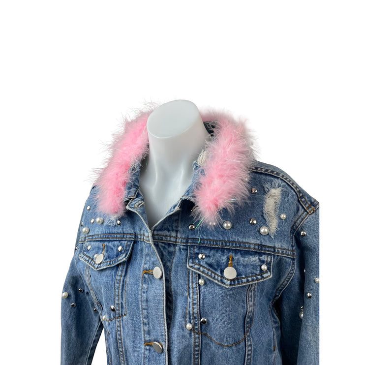 Tinseltown Pearl Stud Faux Fur Trim Rhinestone Fringe Ripped Denim Coat Jacket M
