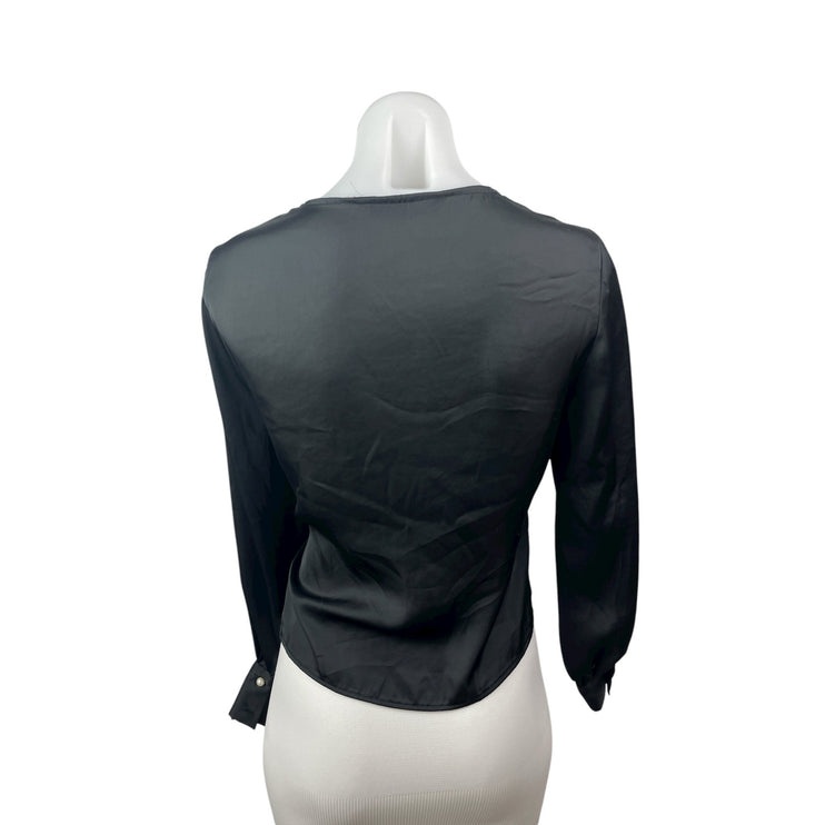 Zara Women's Black Silky Satin Sheer V Neck Long Sleeve Crop Wrap Blouse Top XS