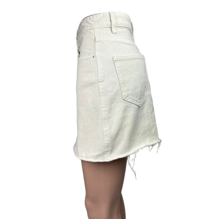 Zara White Button Up Frayed Hem Pencil Straight Jean Denim Mini Skirt Size XS