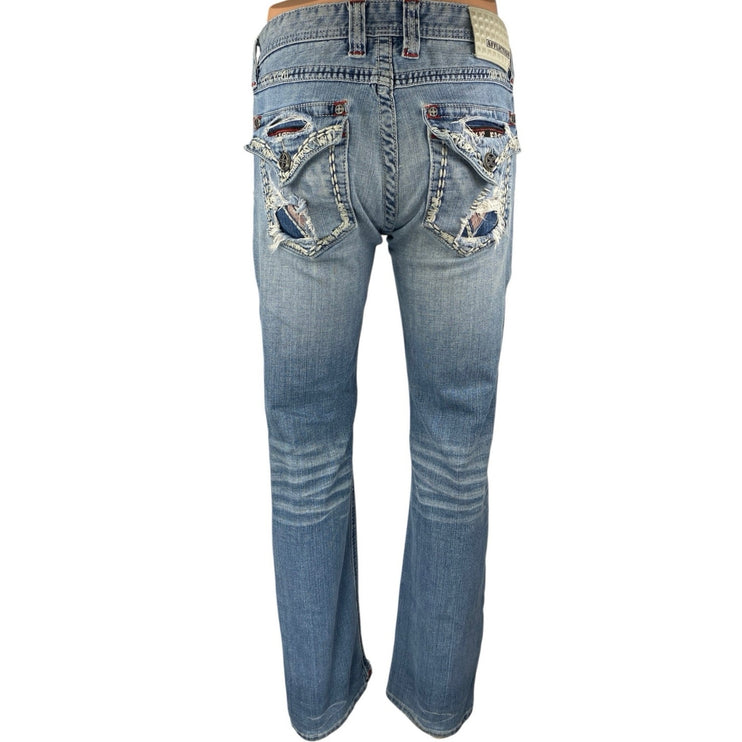 Affliction Buckle Blake Men's Blue Distressed Slim Straight Denim Jeans Size 30L