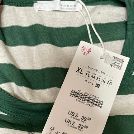 NEW Zara Womens Green White Striped Crewneck Short Sleeve Tee T-shirt Top Sz XL