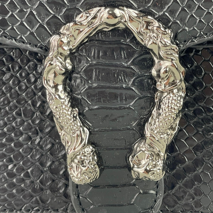 Myhozee Black Faux Leather Chain Strap Snakeskin Horseshoe Shoulder Bag Handbag