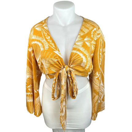 Cider Women's Yellow Bell Long Sleeve Tie Front V Neck Crop Blouse Top Size 1XL