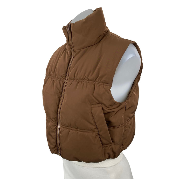 H&M Women's Brown Stand Collar Full Zip Sleeveless Crop Puffer Coat Jacket XXS