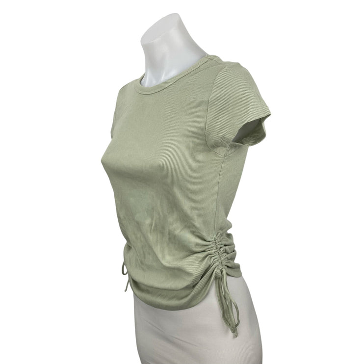Anthropologie Maeve Green Ribbed Knit Ruched Short Sleeve T Shirt Tee Top Size S