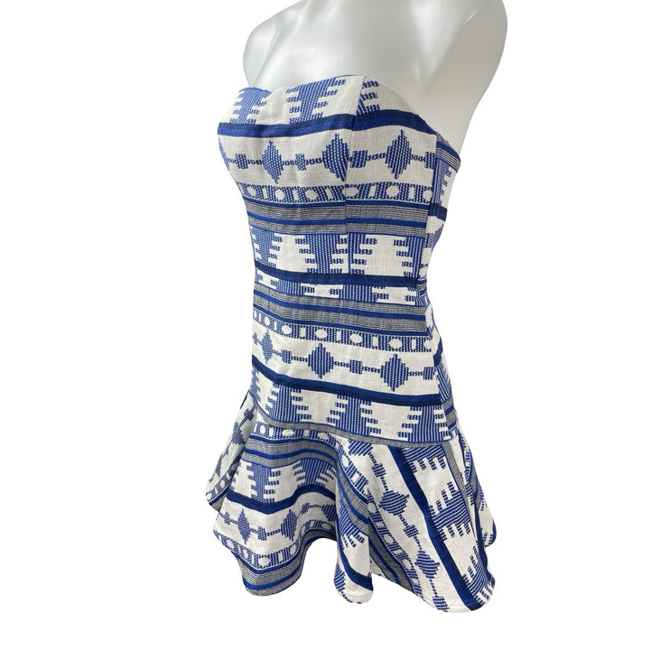 Line and Dot Blue White Aztec Tribal Strapless Sweetheart A Line Mini Dress Sz S