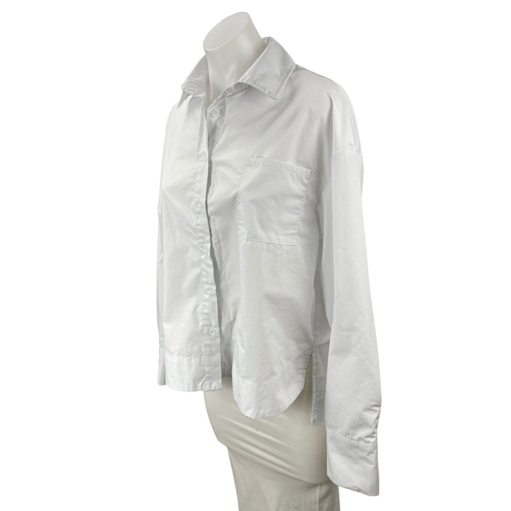 JN Junnou Women's White Long Sleeve Chest Pocket Button Down Shirt Top Size L