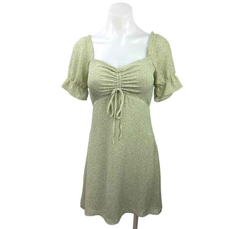 Bohme Green Floral Cinched Tie Puff Sleeve Smocked Mini A-Line Sun Dress Size XS