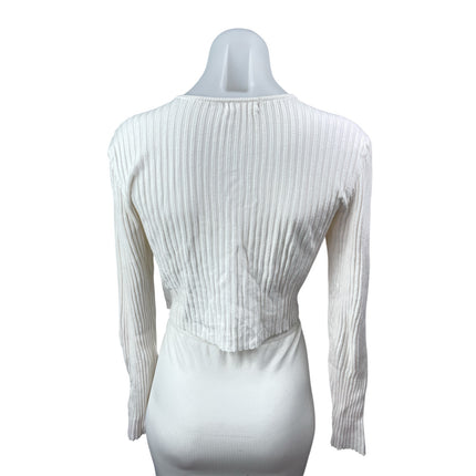 Urban Outfitters White Ribbed Knit Long Sleeve Button Down Sweater Crop Top Sz L