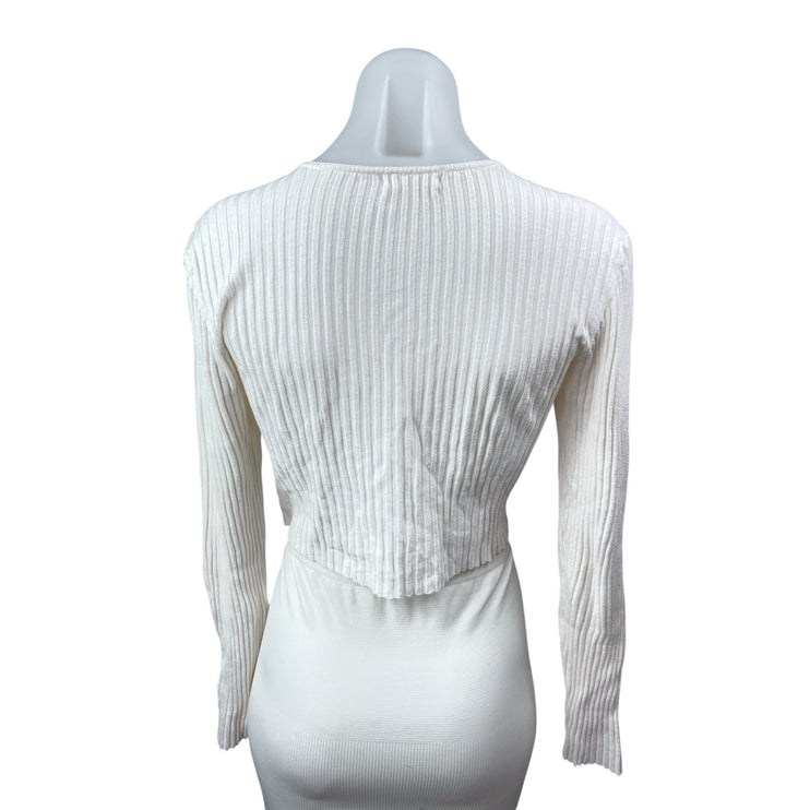 Urban Outfitters White Ribbed Knit Long Sleeve Button Down Sweater Crop Top Sz L