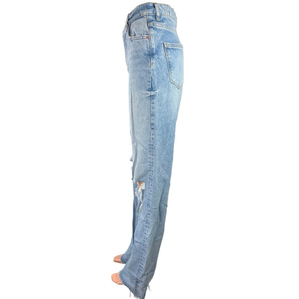 Zara Blue Denim High Rise Distressed Ripped Raw Hem Straight Leg Mom Jeans Sz 4