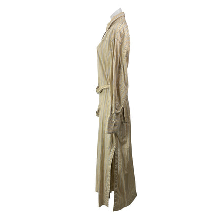 Rag & Bone Beige Striped Long Sleeve Belted Button Down Slit Maxi Dress Size L