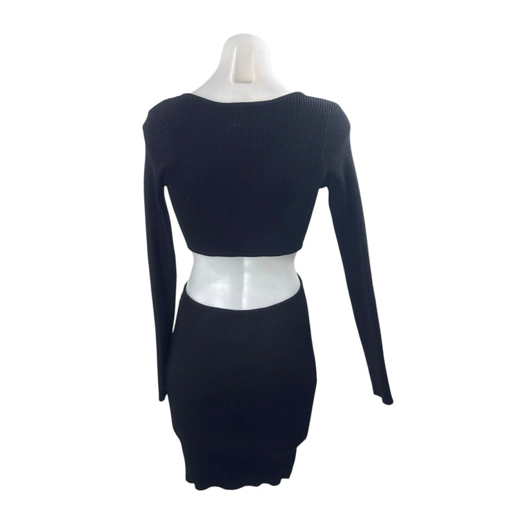 Princess Polly Lucia Black Ribbed Knit Cut Out Long Sleeve Mini Bodycon Dress XS