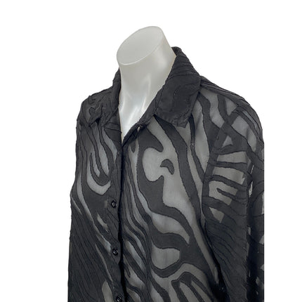 Boohoo Women's Black Mesh Abstract Sheer Long Sleeve Button Down Shirt Top Sz 6